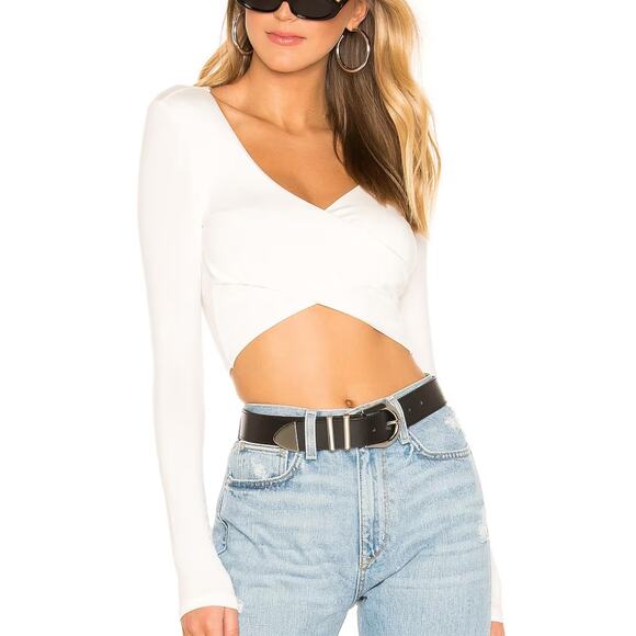 Superdown White Wrap Crop Top XL Cotton Long Sleeve Plunging Matilda Revolve NEW - Picture 1 of 8